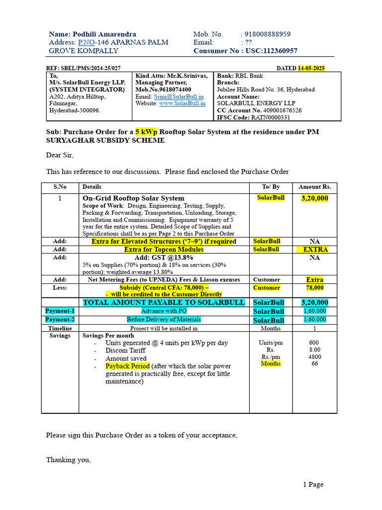 Purchase Order for Rooftop Solar System | PDF | Renewable Resources | Sun