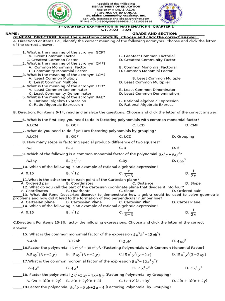 1st Quarterly Exam Grade 8 | PDF | Cartesian Coordinate System ...