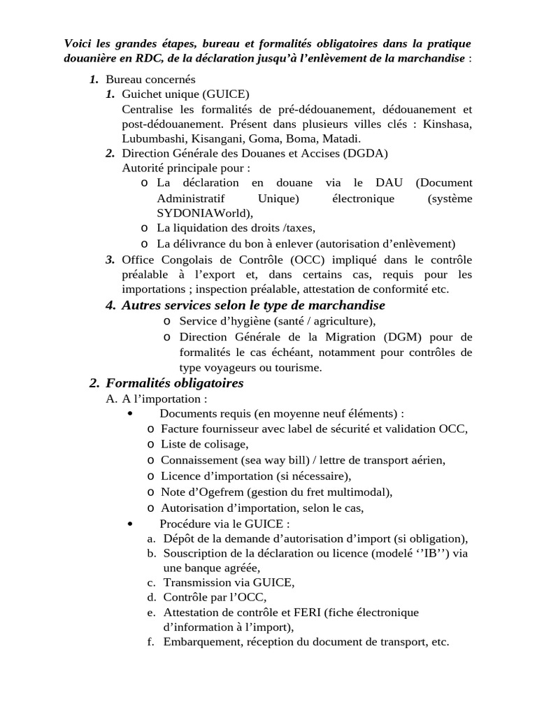 Dédouanement en RDC : Guide Pratique | PDF | Banques | Crédit