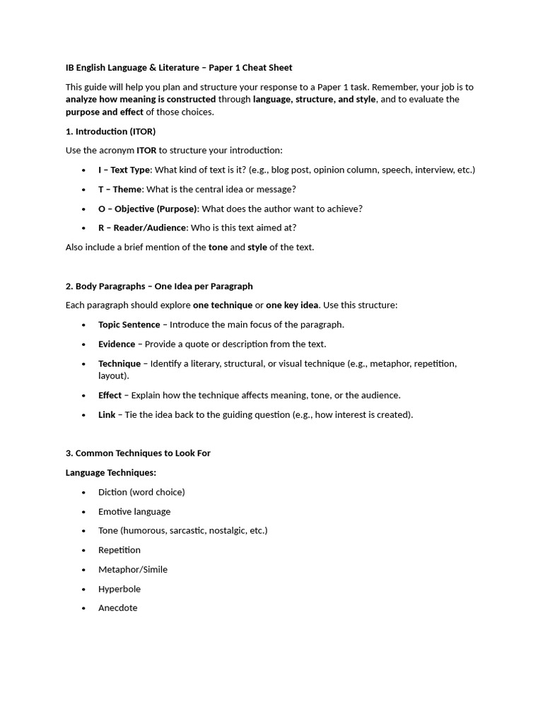 IB English Paper 1 Analysis Guide | PDF | Metaphor | Narrative