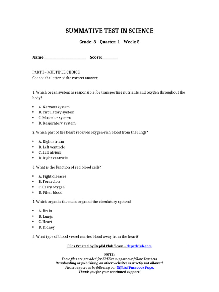 Summ - Test Science 8 q1 w5 | PDF | Circulatory System | Blood