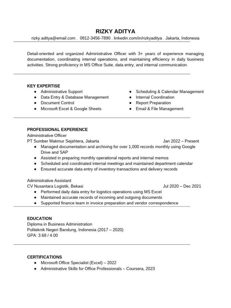 ATS-Friendly CV for Administrative Roles | PDF