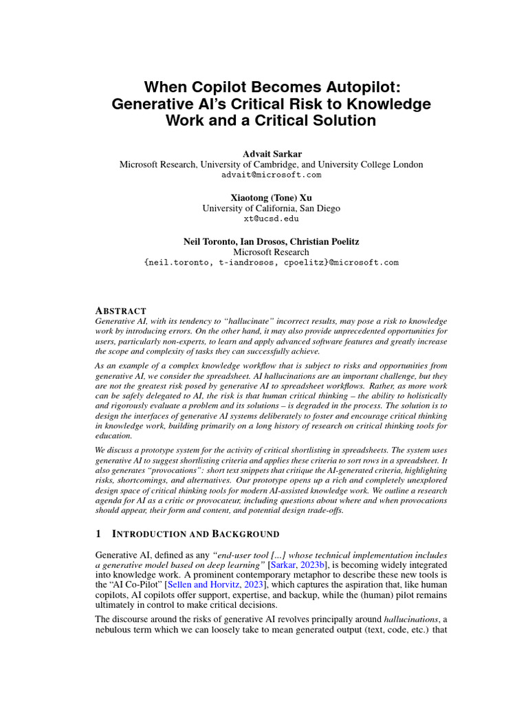 Generative AI Risks in Knowledge Work | PDF | Critical Thinking ...
