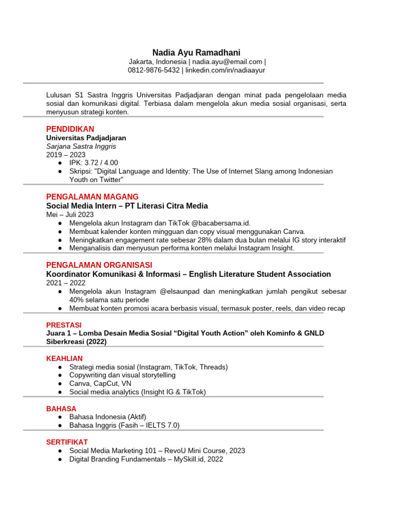Contoh CV Fresh Graduate Media Sosial | PDF