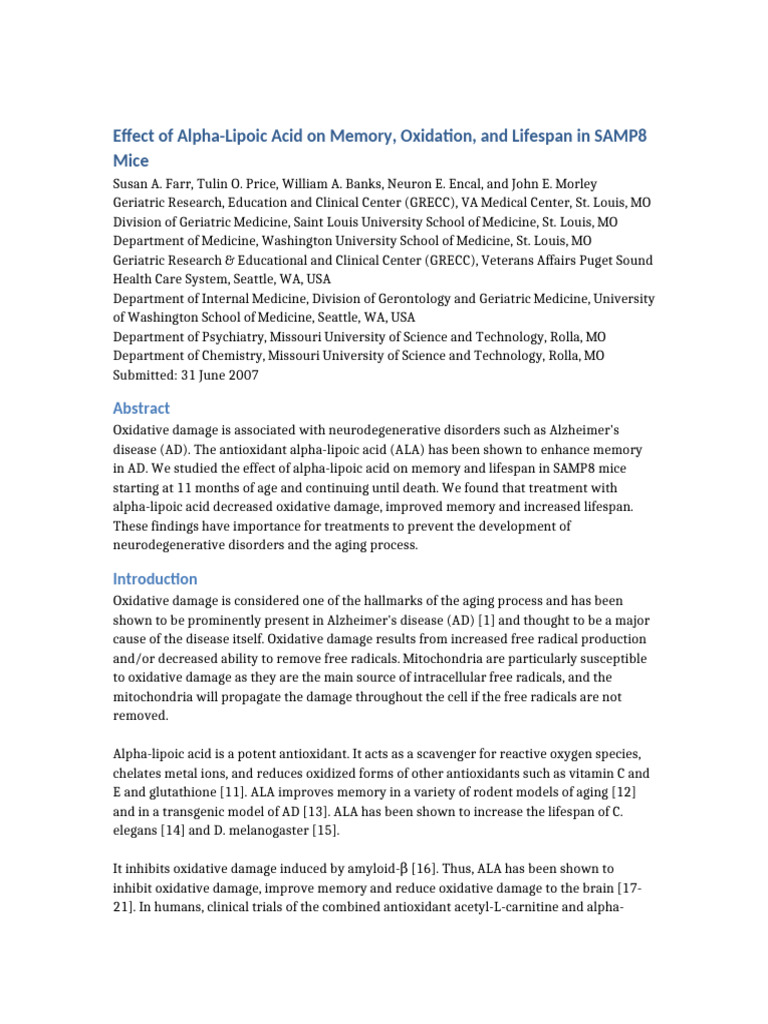 Alpha Lipoic Acid SAMP8 Mice Study | PDF | Reactive Oxygen Species ...