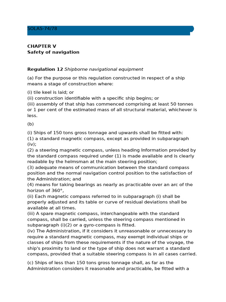 SOLAS Chapter V: Navigational Equipment Requirements | PDF | Tonnage ...