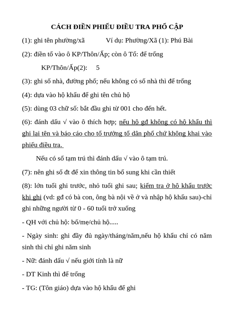 Huong Dan Phieu Dieu Tra Pho Cap | PDF