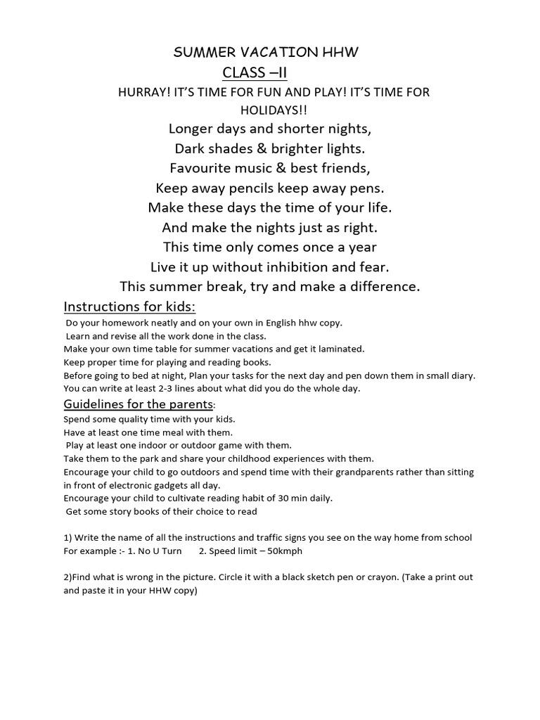 Summer Vacation Homework Guide for Kids | PDF