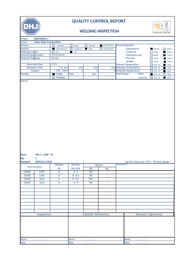 Welding Inspection Quality Control Report | PDF | Welding | Construction