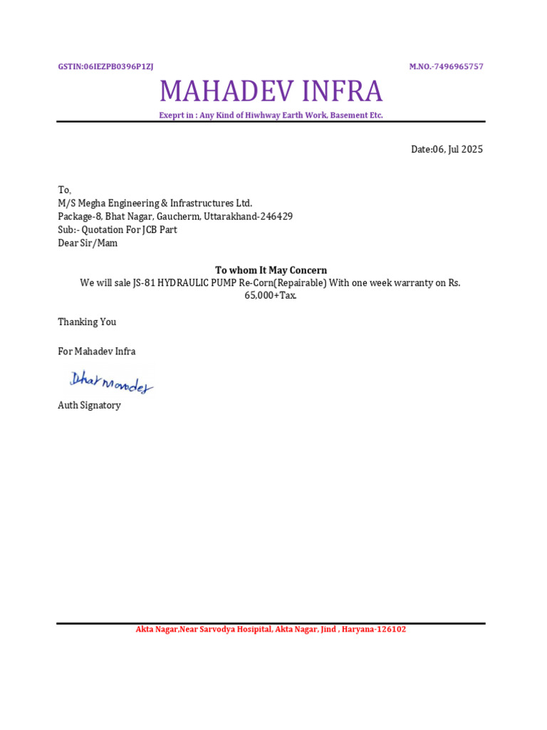 Quotation for JCB Part Sale | PDF