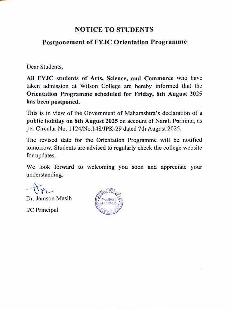 Orientation Postponed Notice | PDF