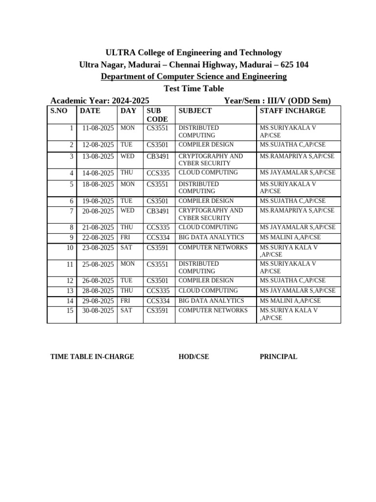 CSE Test Time Table 2024-2025 | PDF