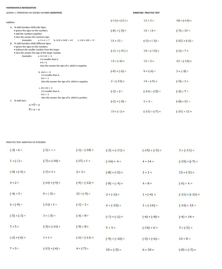 Addition of Signed Numbers Guide | PDF