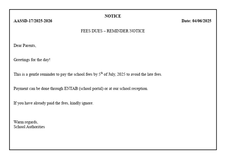 School Fee Due Reminder Notice | PDF