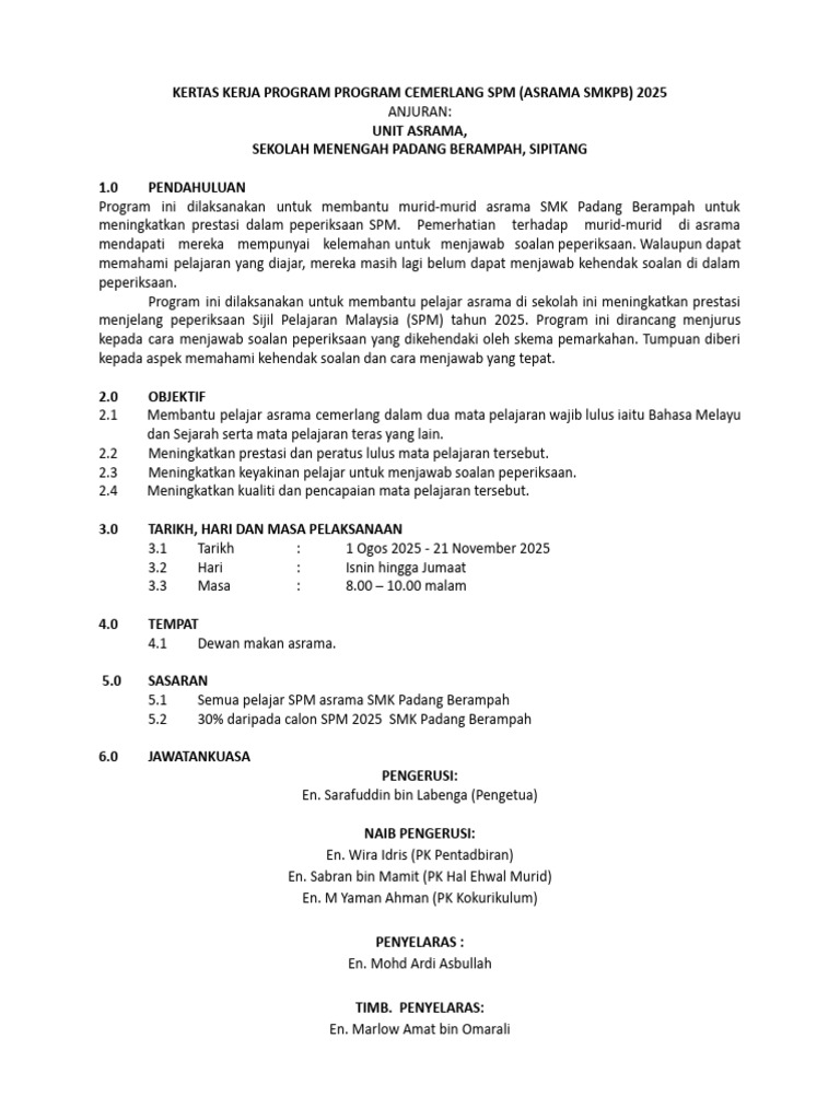 Kertas Kerja Program Cemerlang SPM (Asrama SMKPB) 2025 | PDF