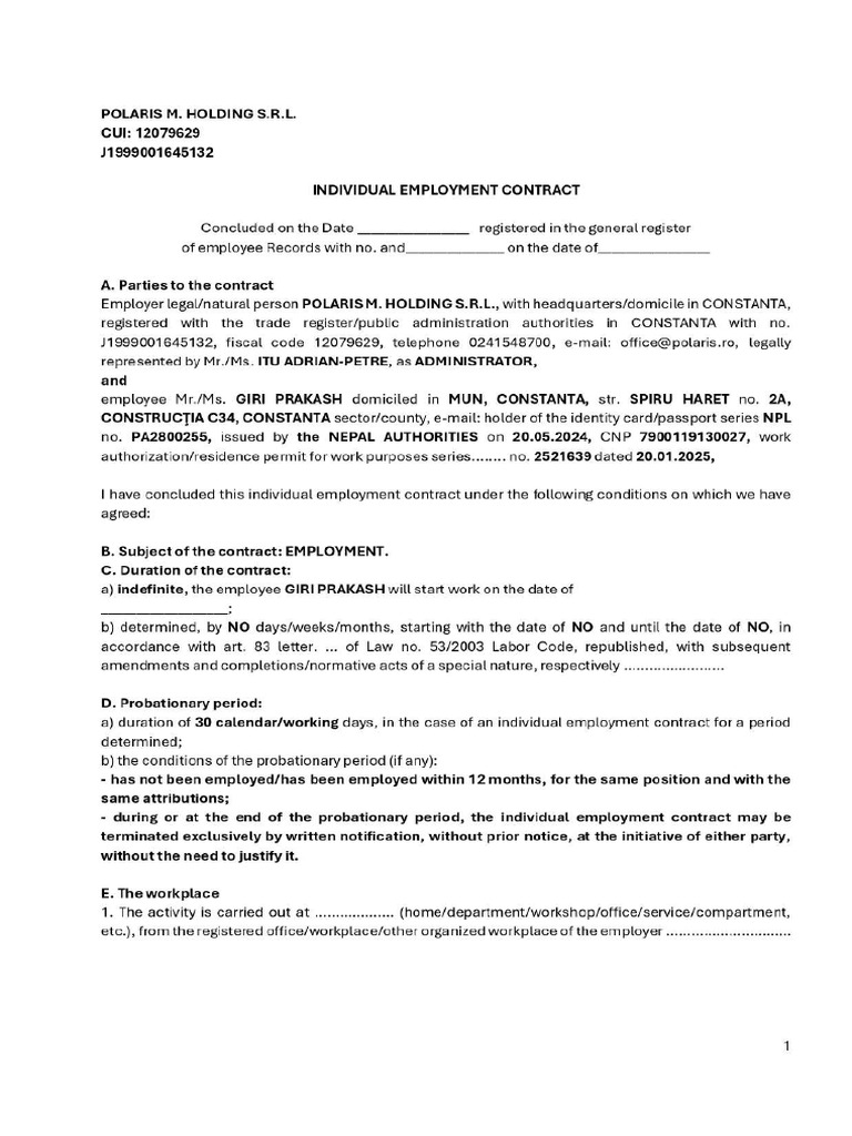 Individual Employment Contract of Prakash Giri - Page-1 | PDF