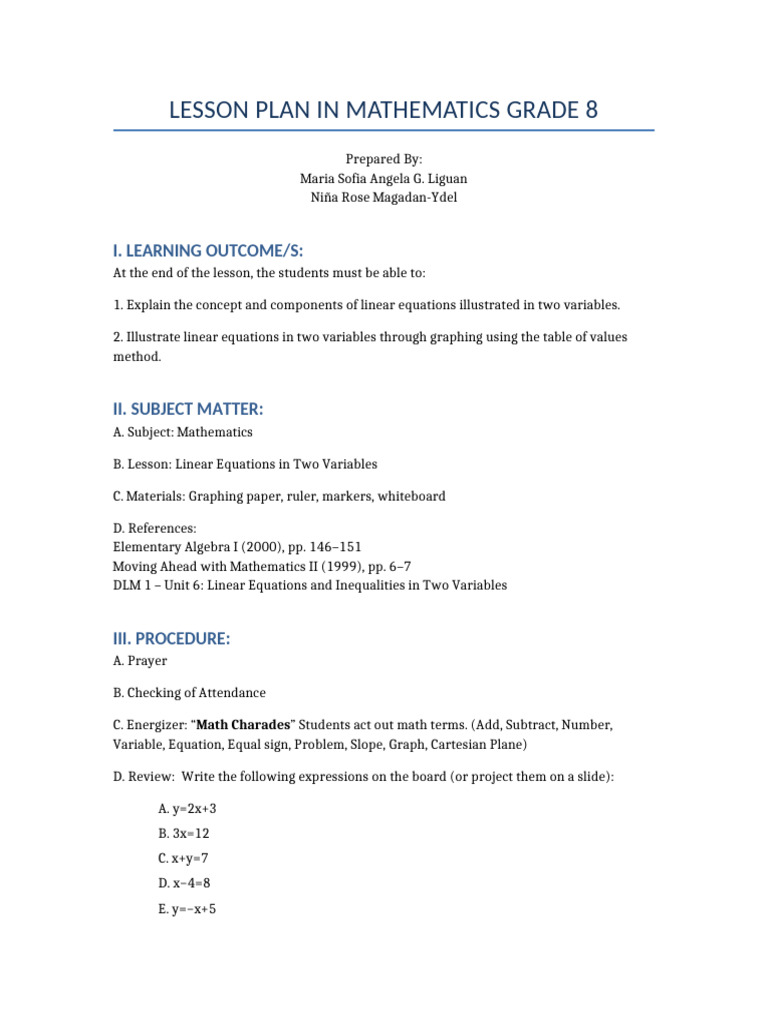 Grade 8 Linear Equations Lesson Plan | PDF | Equations | Variable ...