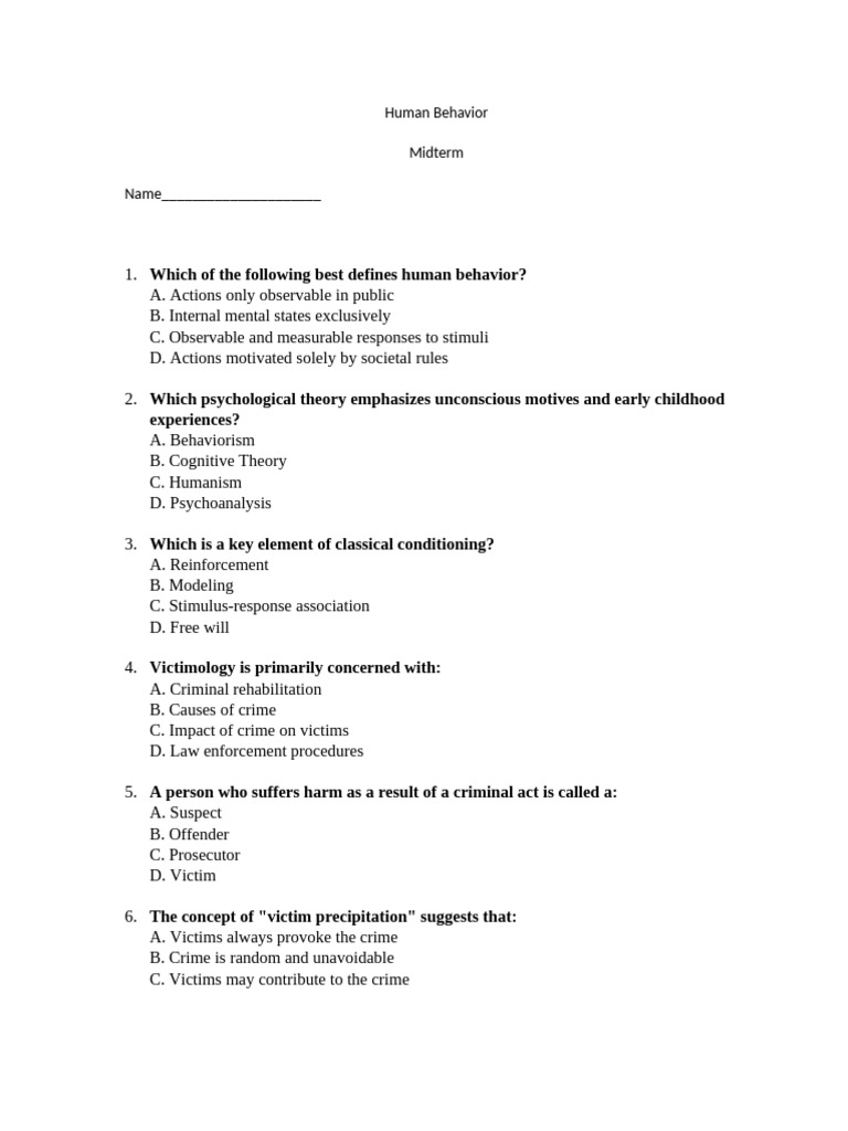 Human Behavior Midterm Exam Questions | PDF | Crime & Violence | Crimes