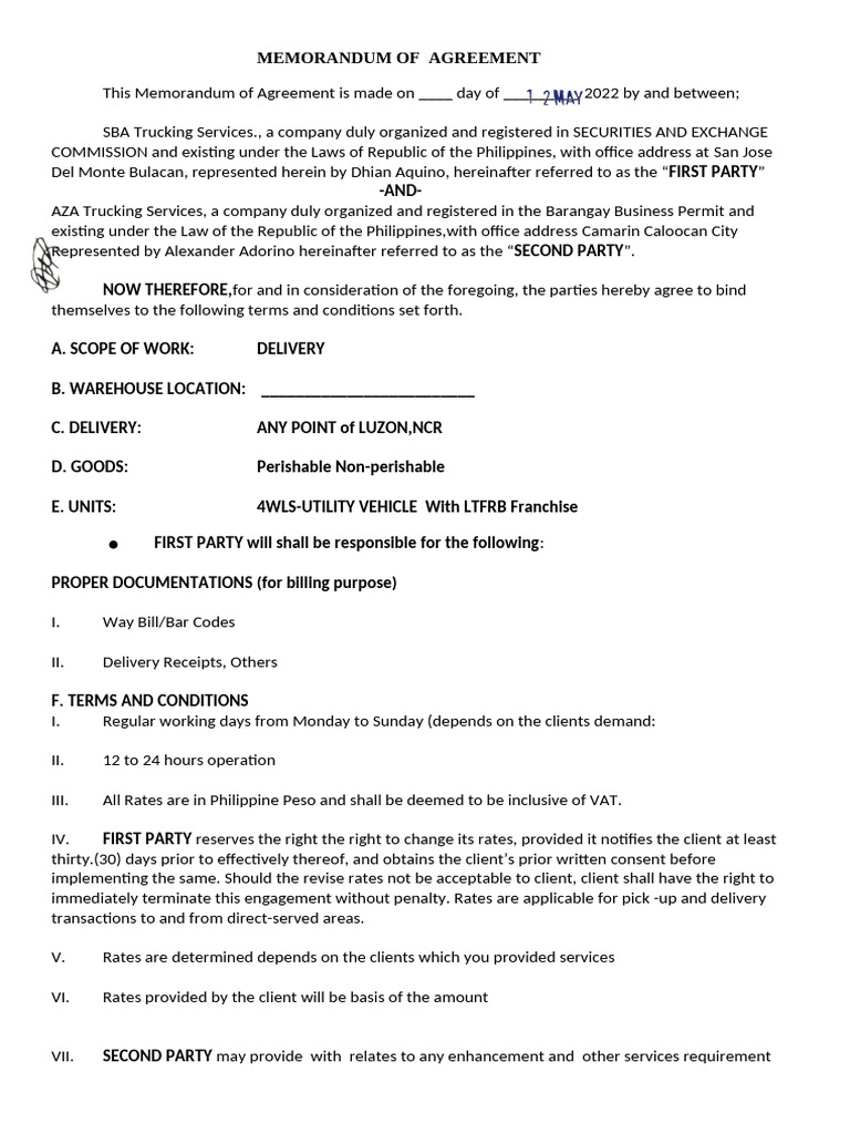 Memorandum of Agreement | PDF | Damages | Private Law