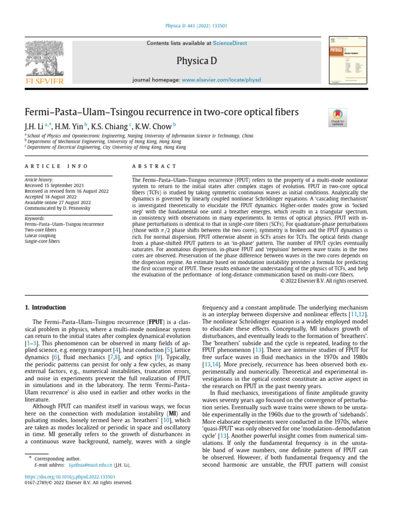 2022 Fermi Pasta-Ulam Tsingou Recurrence in Two Core Optical Fibers ...