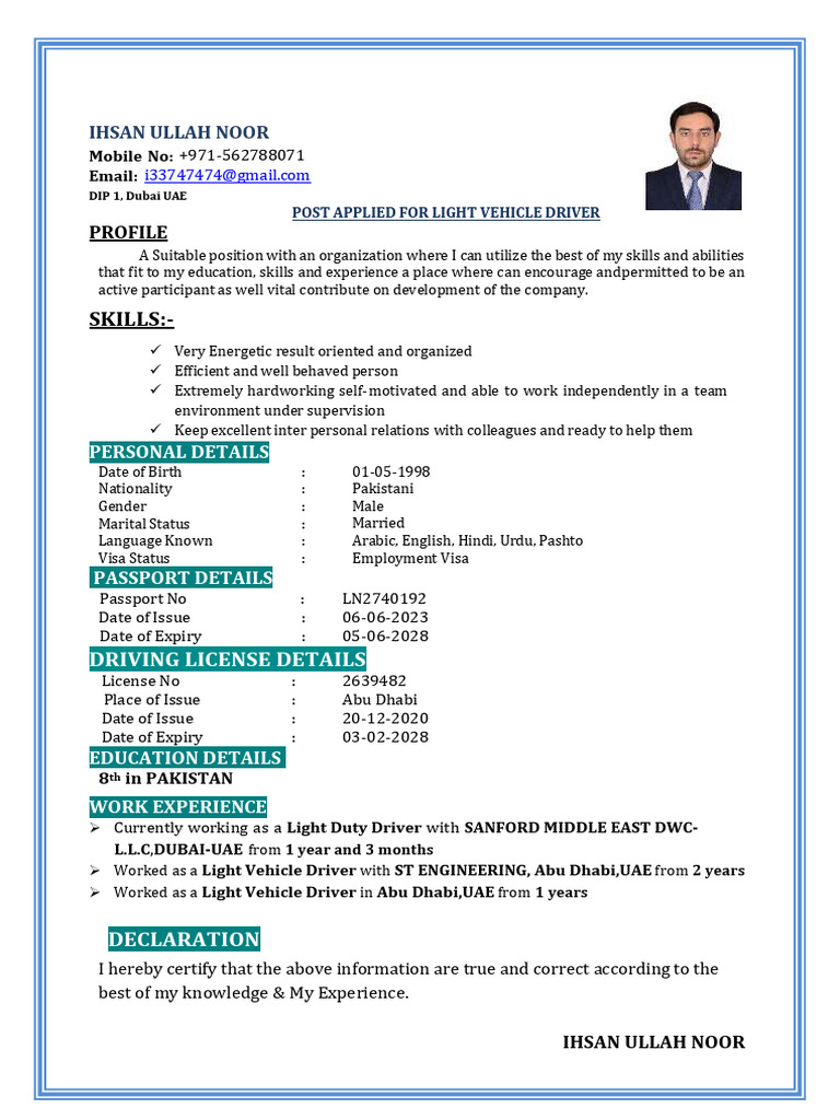 Light Vehicle Driver CV of Ihsan Ullah Noor | PDF