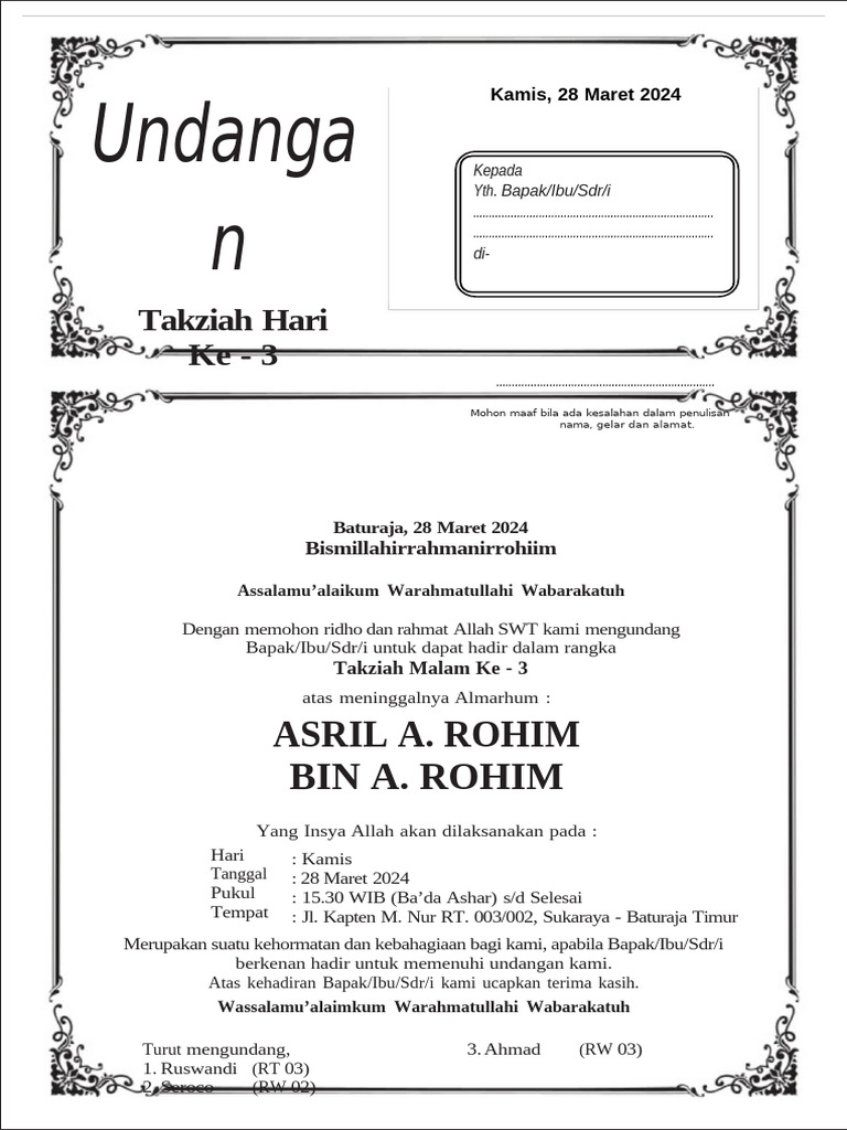 Undangan Takziah Almarhum Asril A. Rohim | PDF