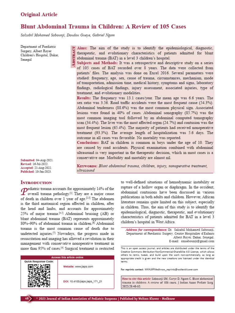 Blunt Abdominal Trauma in Children a Review of.10 | PDF | Major Trauma ...