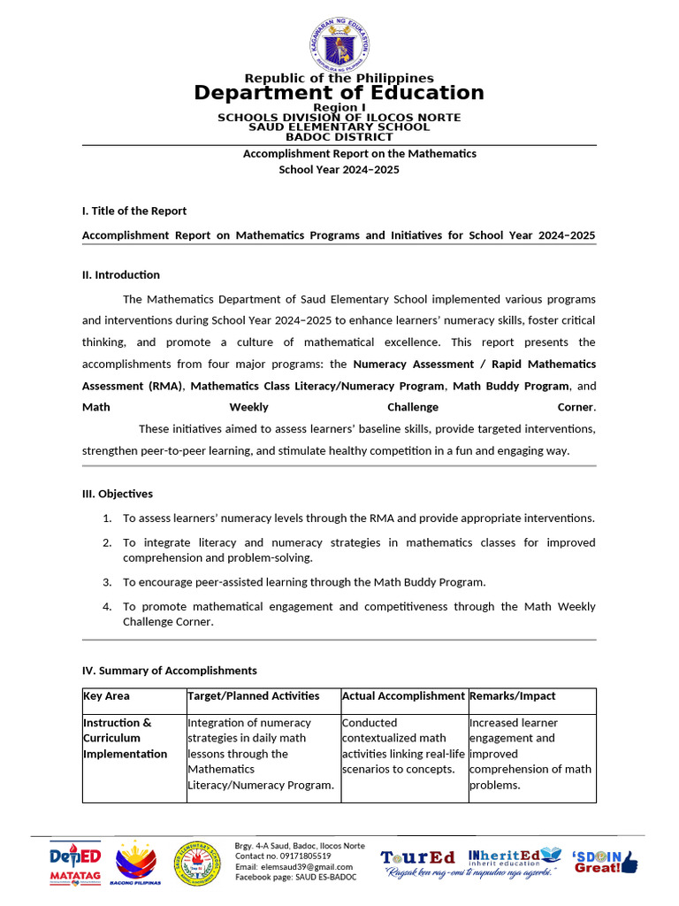 2024-2025 Math Accomplishment Report | PDF | Teachers | Mathematics