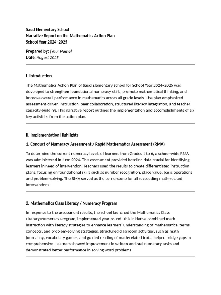 Saud Elementary Math Action Plan 2024-2025 | PDF | Literacy | Mathematics