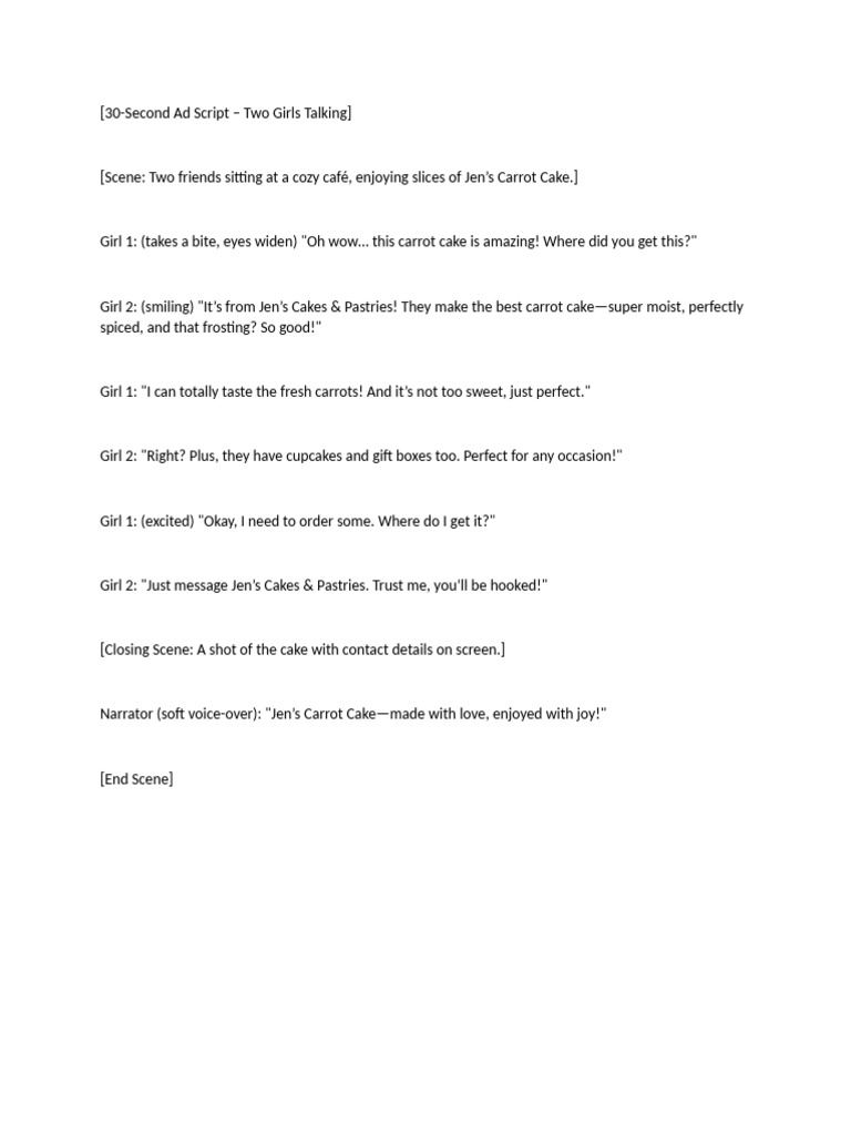 Jen's Carrot Cake Ad Script | PDF
