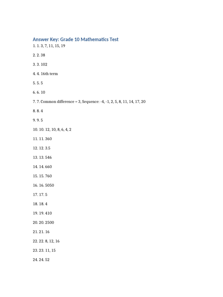 Grade 10 Math Test Answer Key | PDF