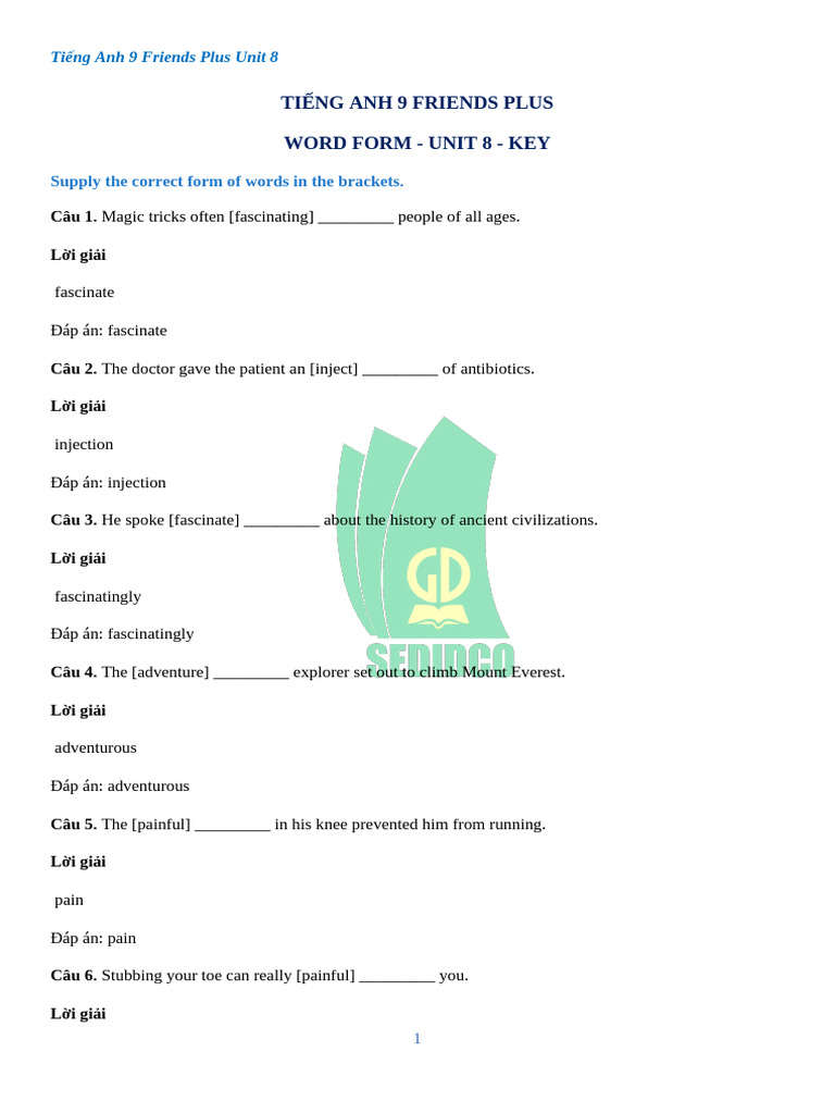 Tiếng Anh 9 Friends Plus - Unit 8 - Word Form KEY | PDF