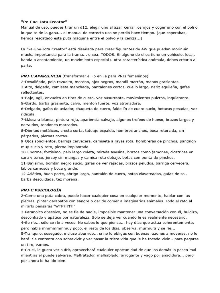 Generador de PNJs para AW | PDF | Ropa | Moda