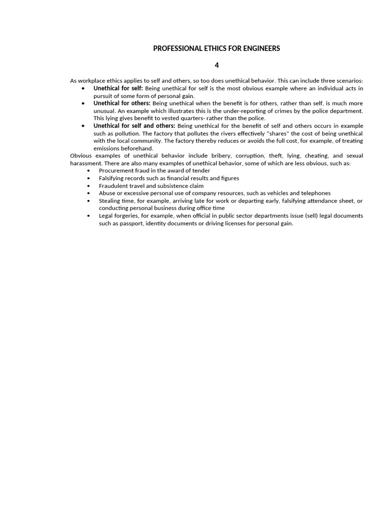Ethics in Engineering: Unethical Behaviors | PDF
