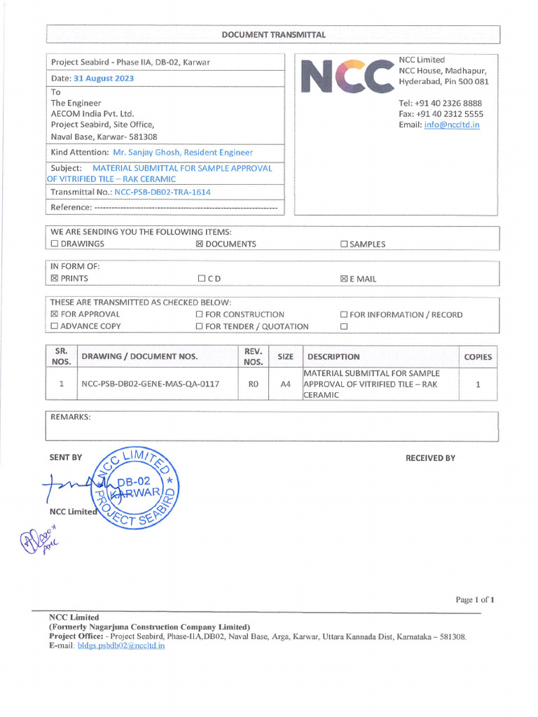 Ncc-psb-db02-Tra-1614-Material Submittal For Sample Approval of ...