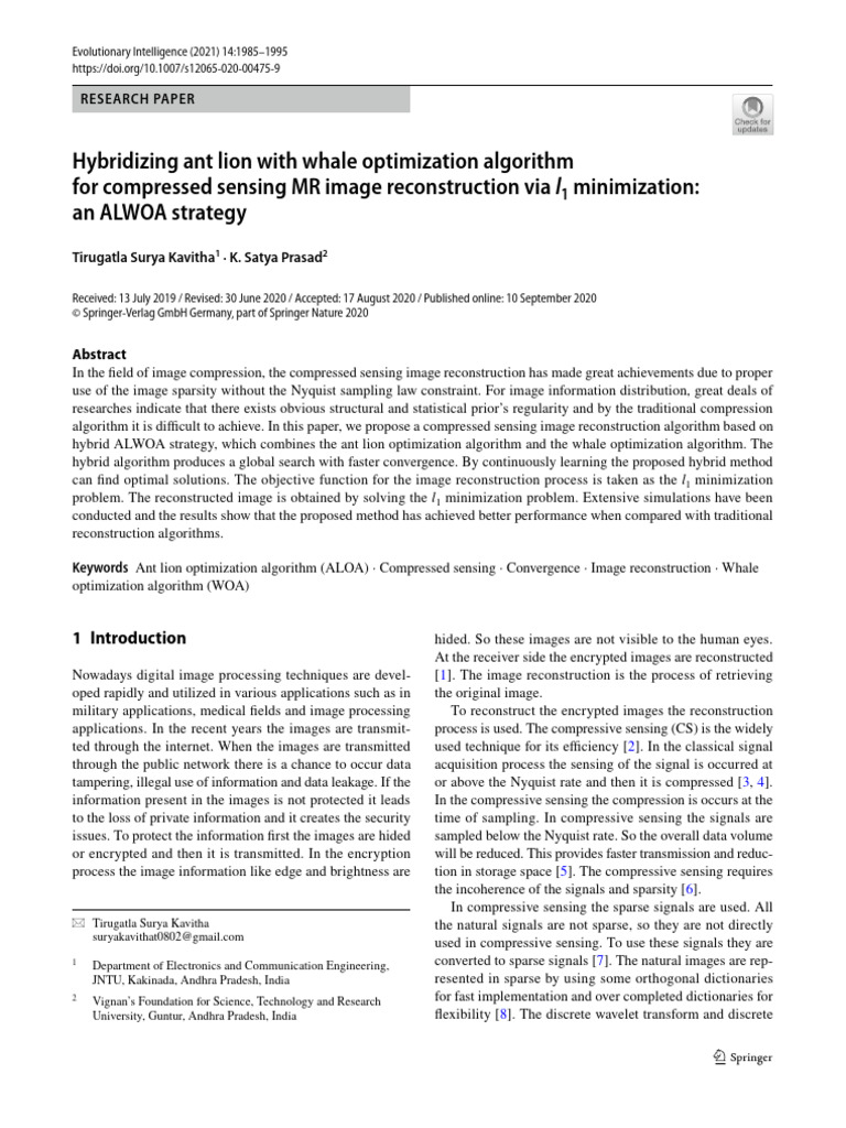 Hybridizing Ant Lion With Whale Optimization Algorithm For Compressed ...