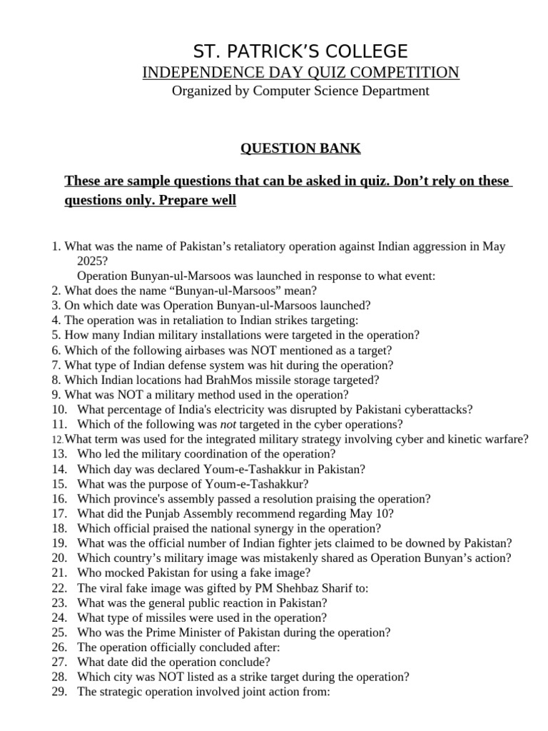 Independence Day Quiz Questions for Pakistan | PDF | Pakistan Movement ...