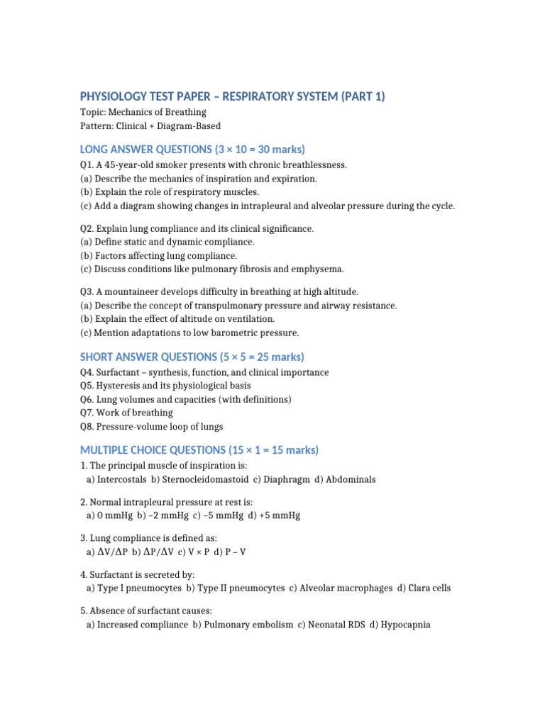 Respiratory System Physiology Test Paper | PDF | Lung | Exhalation