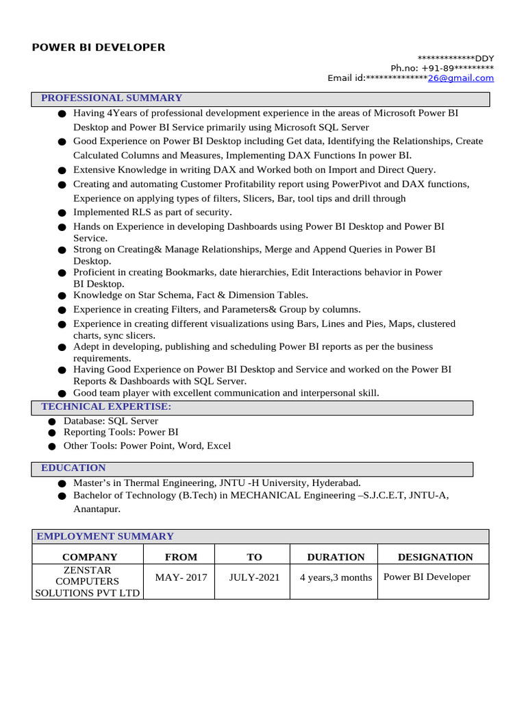 Power BI Developer Resume Summary | PDF | Microsoft Sql Server | Computing