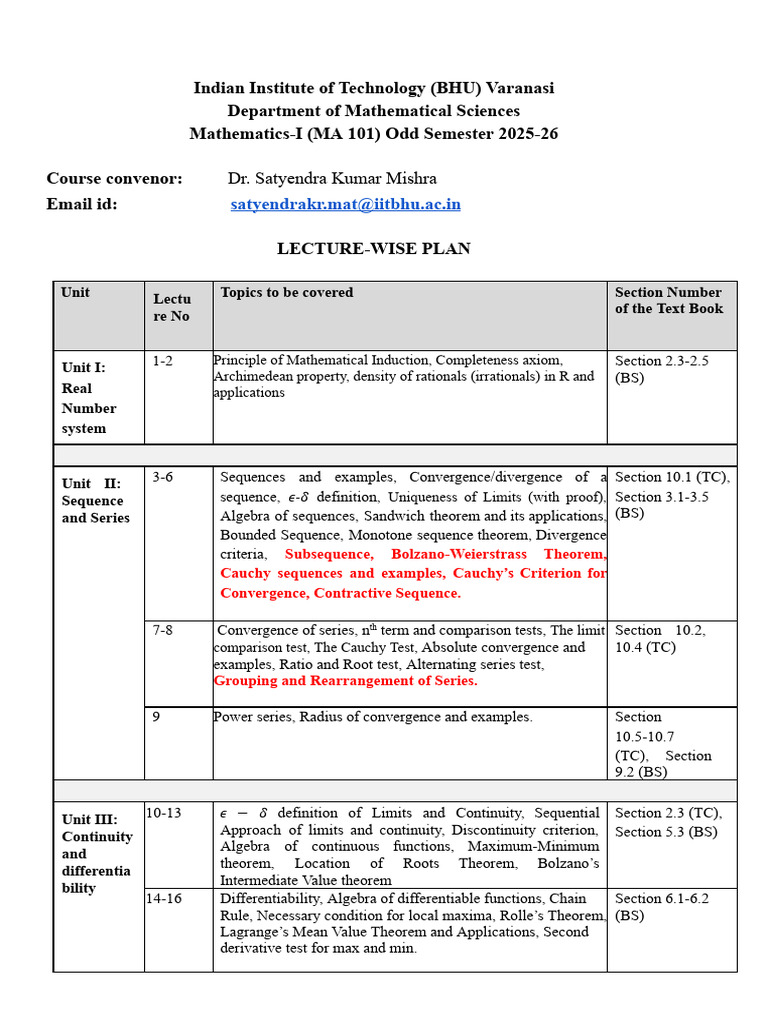 Lecture Plan MA 101 - 250805 - 171009 | PDF | Integral | Derivative