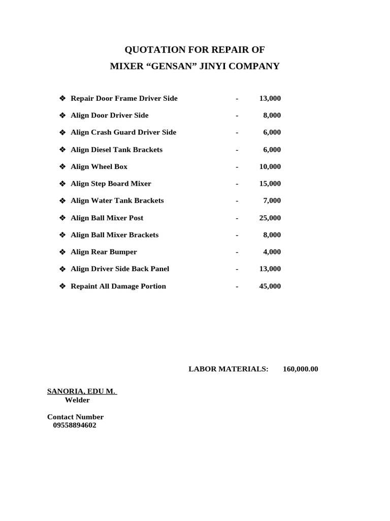 Quotation For Repair New | PDF | Land Vehicles | Vehicle Technology