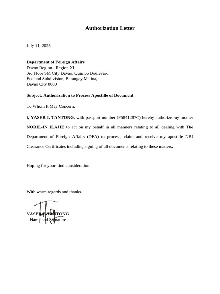 DFA Apostille Authorization Letters | PDF