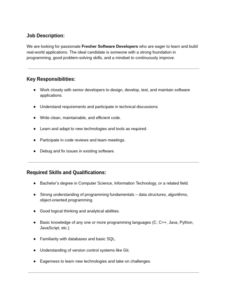 Fresher Software Developer Job Opening | PDF