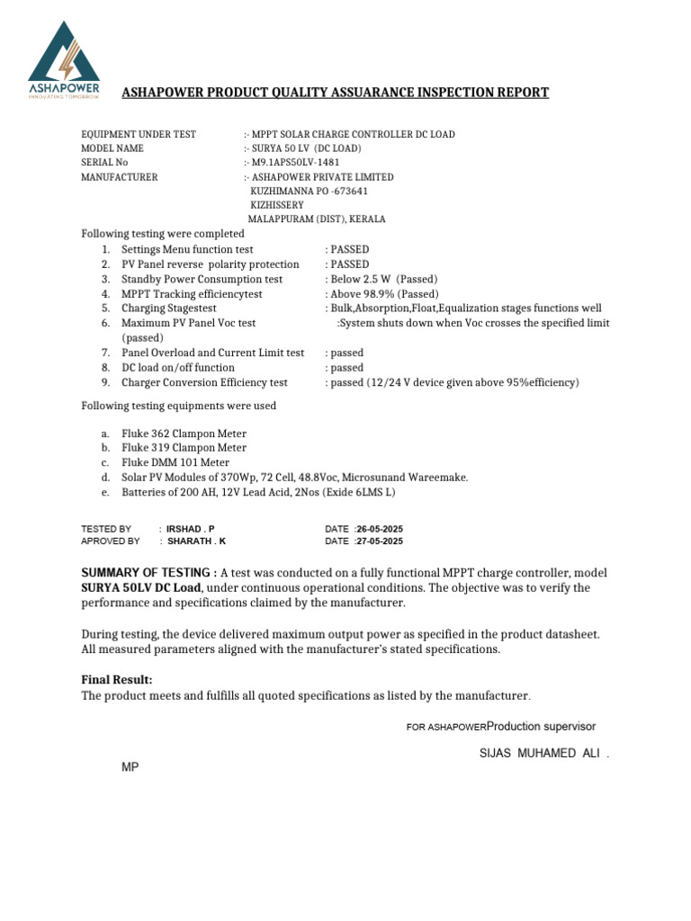 ASHAPOWER SURYA 50 LV Test Report | PDF