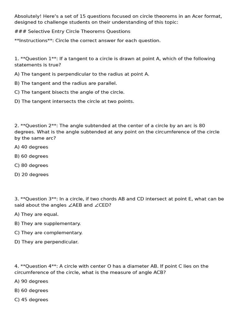 Circle Theorems Quiz with Answers | PDF | Circle | Angle
