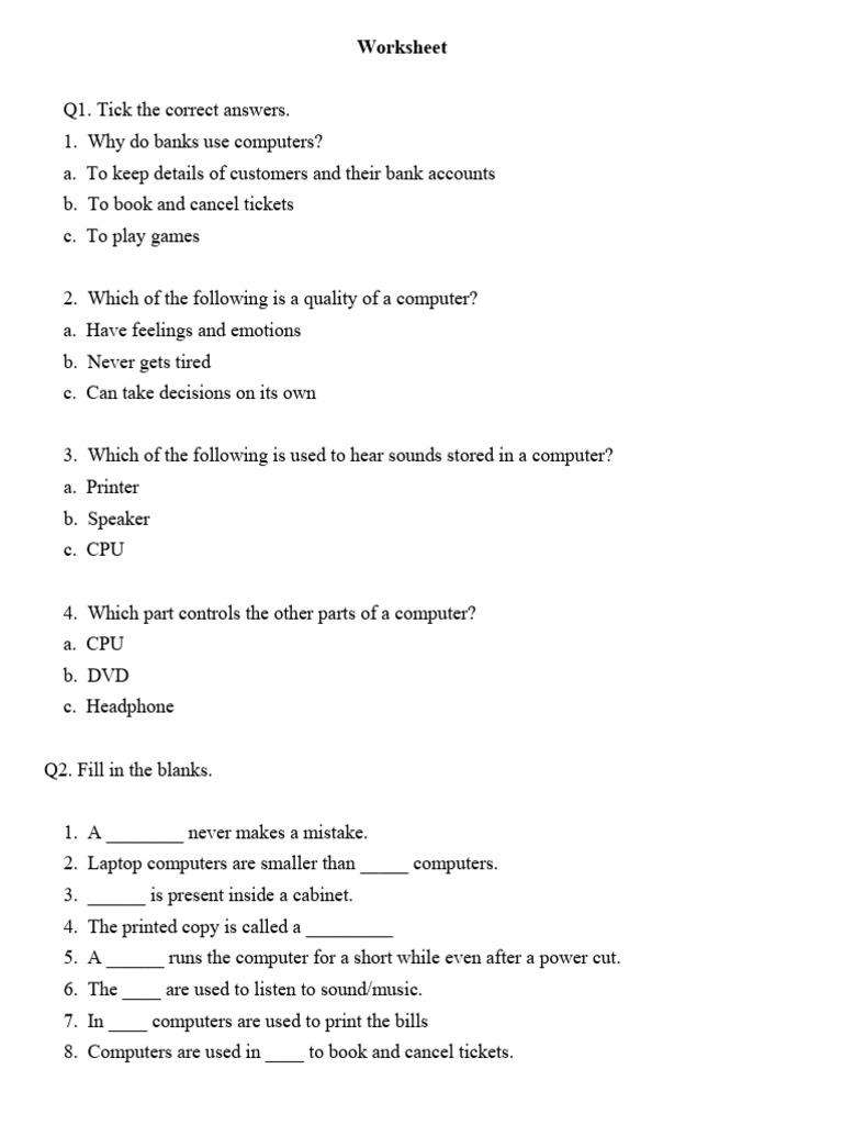 Computer Basics Worksheet for Students | PDF