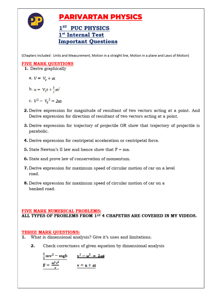 1st PUC Physics Important Questions | PDF | Acceleration | Velocity