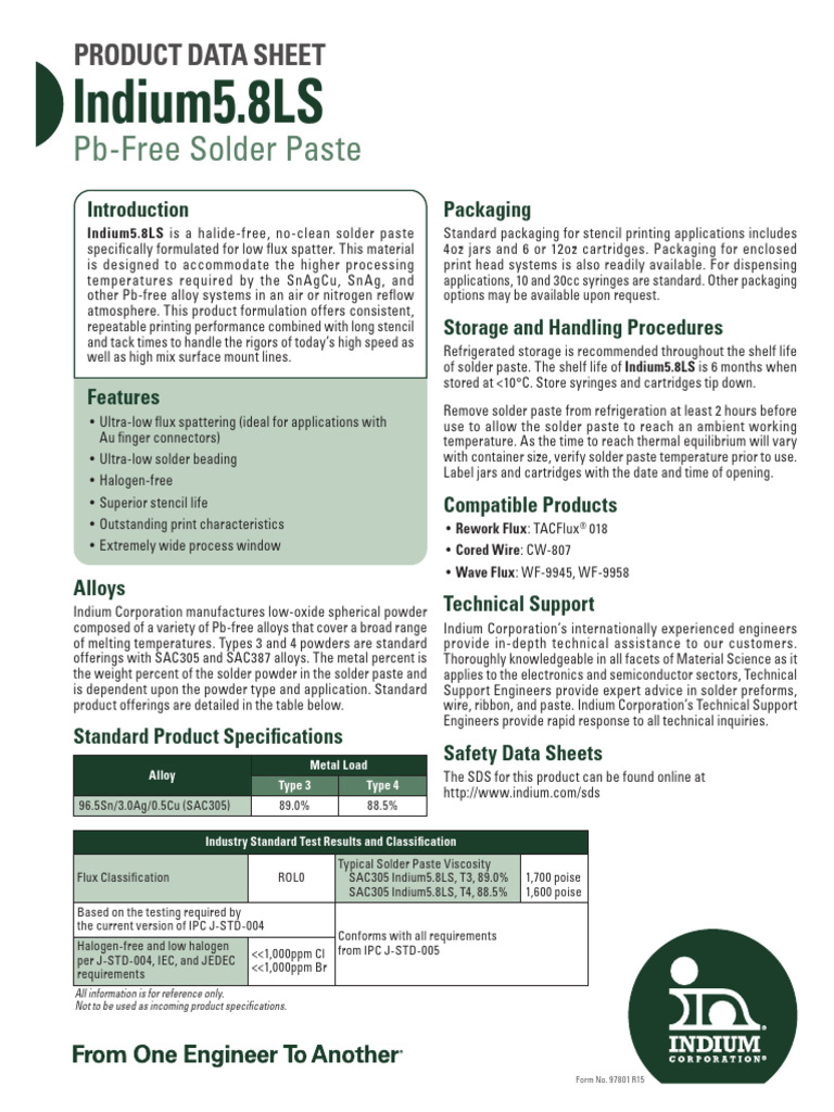Indium5.8ls Pbfree Solder Paste 97801 r15 | PDF