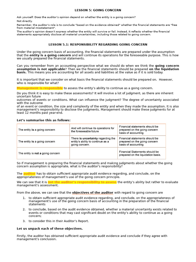 Auditor's Role in Going Concern Assessments | PDF | Going Concern ...