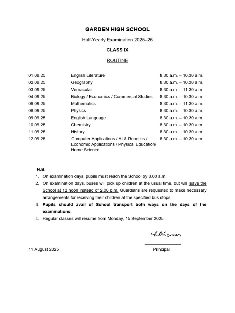 Class 9 Half-Yearly Exam Routine 2025 | PDF